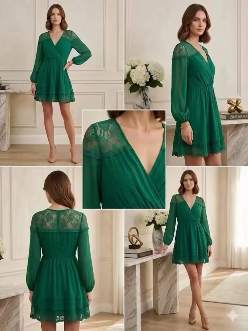 Villa Emerald Green Lace Long Sleeve V-Neck Fit & Flare Mini Dress Size XS - Picture 4 of 6